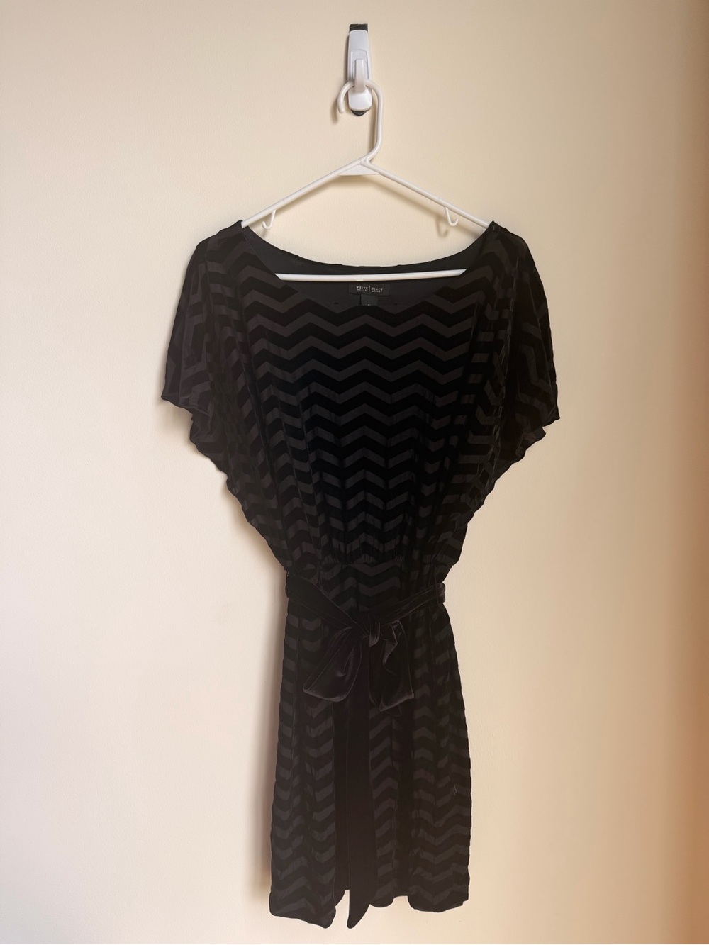 Black Chevron Velvet Belted Mini Dress